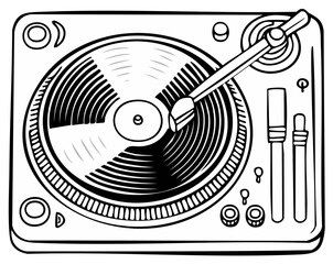 Fototapeta premium Vintage turntable playing a vinyl record with striped grooves and a tonearm over black and white music disc