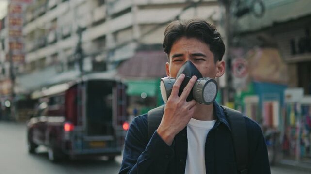 A young man wears a face mask to protect himself from PM 2.5 smoke, urban particulate matter, air pollution from vehicle exhaust, and toxic smog from industrial factories.