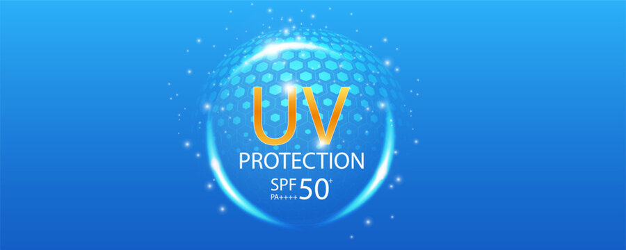 Transparent shield sphere with UV light effect on blue background. Glass dome barrier protects skin from sun rays. Abstract protection concept. Vector illustration.
