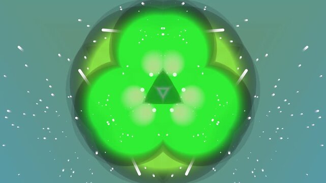 A green four-leaf clover illustration centered in a circular frame surrounded by snowflakes