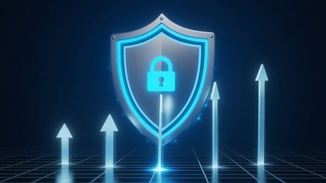 A glowing blue shield with a padlock and arrows pointing upwards on a grid floor.