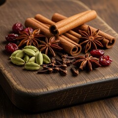Aromatic Spices on a Wooden Board - Cinnamon Sticks, Star Anise, Cardamom Pods, Cloves, and Dried Cranberries.