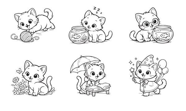 Cute Kitten Coloring Pages Bundle for Kids &ndash; Adorable Cartoon Cats with Yarn, Fish Bowl, Flowers, Magic Costume and Reading Book, Black and White Printable Coloring Sheet Collection