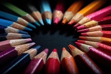 Obraz premium Top-down arrangement of wax pencils forming a rainbow circle on a dark velvet surface