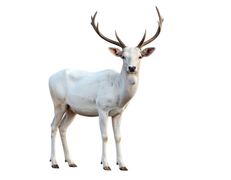 A majestic white deer stands, showcasing impressive antlers against a stark black backdrop. The animal appears healthy and alert