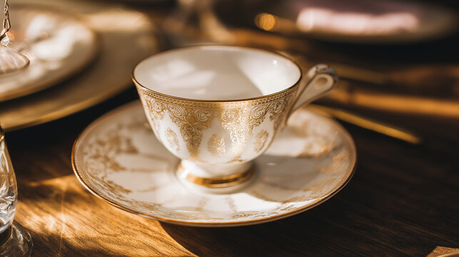 regularizing. Elegant white porcelain teacup with gold filigree patterns, soft window light highlighting delicate details. bar promotions.
