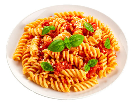 Delicious Plate of Rotini Pasta with tomatoes Sauce Isolated on Transparent or White Background.