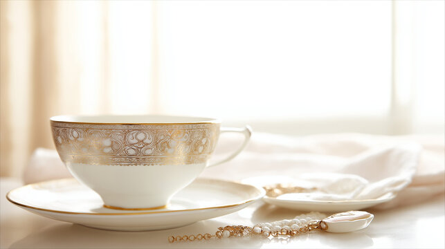 regularizing. Elegant white porcelain teacup with gold filigree patterns, soft window light highlighting delicate details. bar promotions.