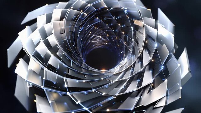Shimmering metal spirals swirl into a cosmic void