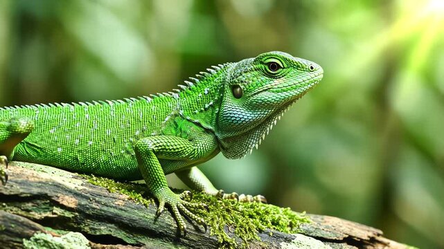 Close up profile view of a green Chinese Water Dragon lizard resting on a mossy log