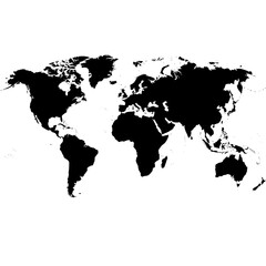 Black silhouette world map showing global landmasses on transparent background. on transparent background