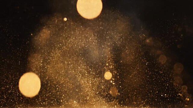 Golden particles explode and shimmer against a dark background creating