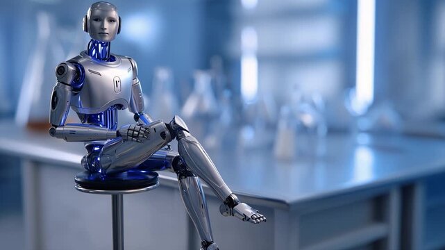 Serene robot sits on stool, gazing forward