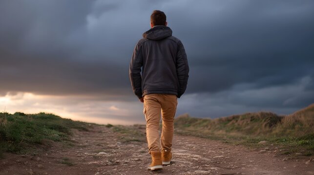 A solitary figure walks down a dirt path towards a dramatic cloudy sky at dusk