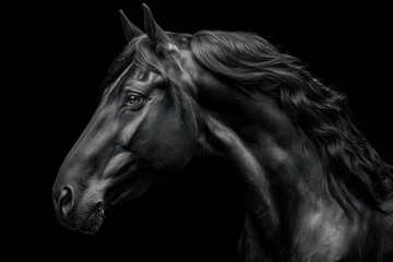 Studio photograph of a glossy black horse in moody monochrome tones