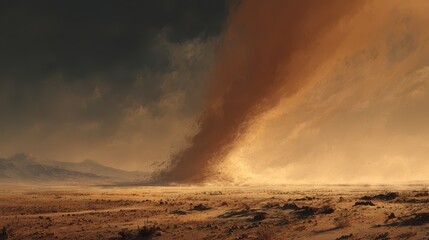 Fototapeta premium Post-blast dust plume sweeping a rugged field with swirling debris and smoky horizon