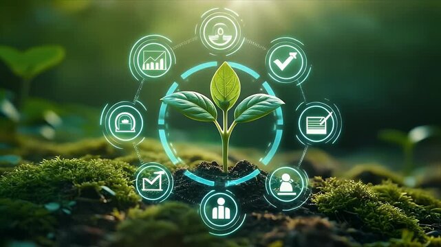 Glowing digital HUD overlay on lush green plant, blending nature and technology for futuristic science, ecology, and innovation visual concepts