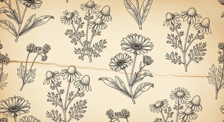 Vintage Botanical Illustration Seamless Pattern of Chamomile and Marigold Flowers.