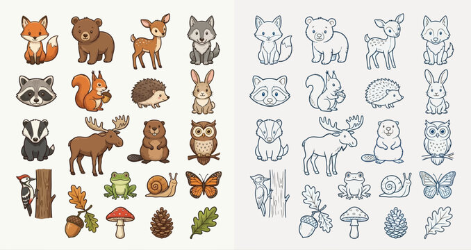 A collection of cute, cartoon-style forest animals and nature elements, presented in both color and outline versions.