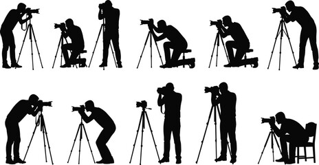 Photographer silhouette collection with camera and tripod shooting photos professional photography studio work isolated vector illustration set © Nusaiba's World