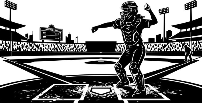 High contrast vector illustration of a baseball catcher throwing the ball in a packed stadium. Dynamic sports action scene in black and white comic book style.