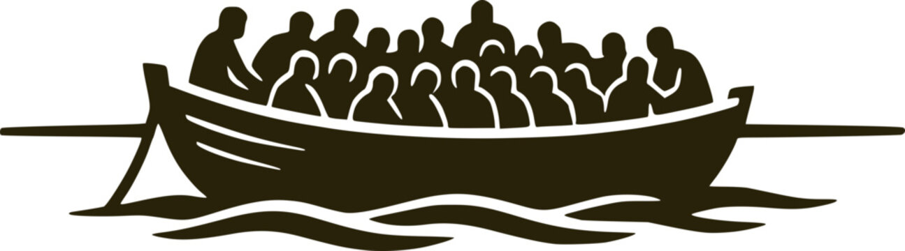 Silhouette vector of a crowded small boat with migrants or refugees at sea. Concept of migration crisis, seeking asylum, and human rights on a dangerous maritime journey.