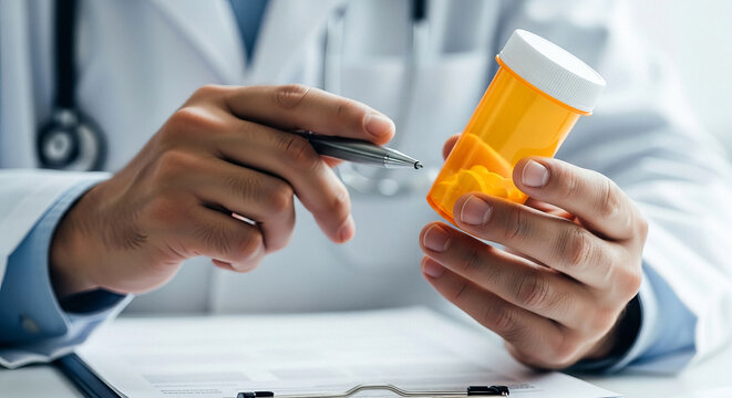 Close-up of a medical professional holding a prescription pill bottle and explaining medication dosage during a consultation.