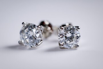 Diamond stud earrings in a white gold setting on a clean white background