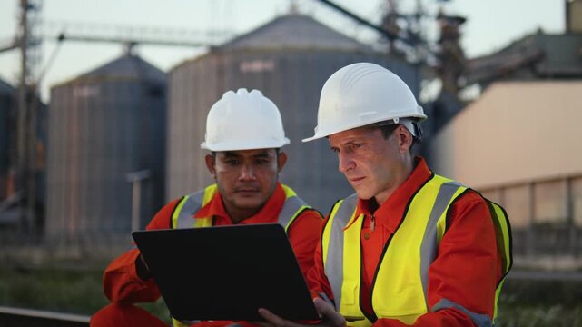 Two male industrial engineers, wearing helmets and using laptops, are discussing collaboration on a new project. The engineering team is inspecting a gas separation plant using their laptops.