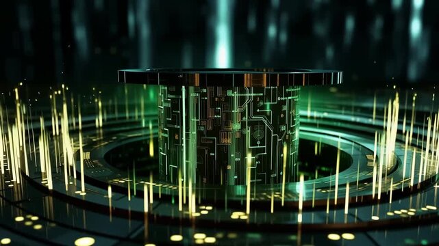 Lights pulse and shapes shift in a digital world full of circuits and data. The setting reflects a high-tech environment filled with energy and movement.