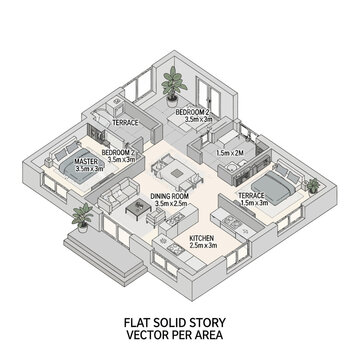 Detailed floor plan of a modern flat with labeled rooms and dimensions.