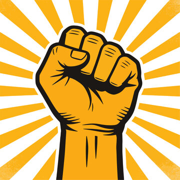 Yellow Raised Fist Revolution Sunburst Retro Propaganda Vector Illustration