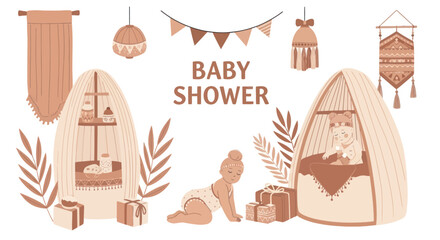 Fototapeta premium Boho baby shower invitation with cute infants, cozy tents, gifts, and decorative plants in warm beige tones, perfect for baby celebration designs