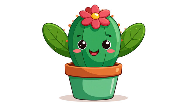 Cartoon potted plants illustration, happy flower cactus succulent, smiling face character design, cute children art decoration, cad drawing flat vector illustration