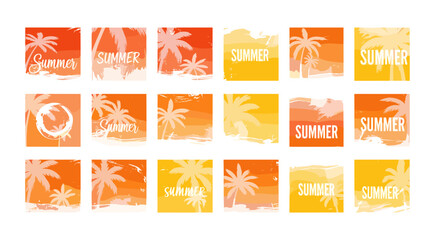 Collection of summer themed icons with sun beach and palm imagery