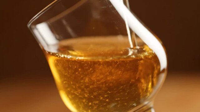 Macro close-up of turkmen honey drink slow rotating glass with golden liquid texture