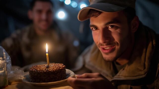 Soldiers surprise comrade with improvised cake made from rations lighting candle while singing in tent