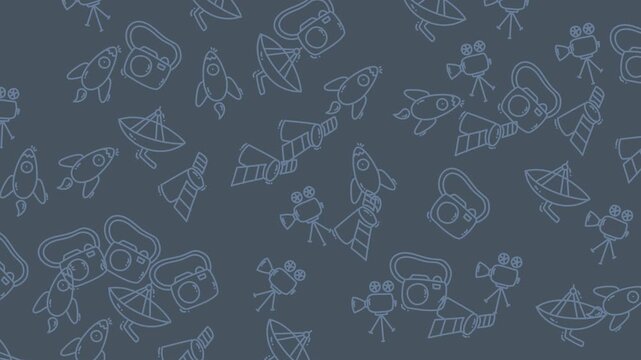 Space pattern featuring rockets, cameras, and satellites perfect for stationery, wrapping paper, apparel, and futuristic designs for various products.