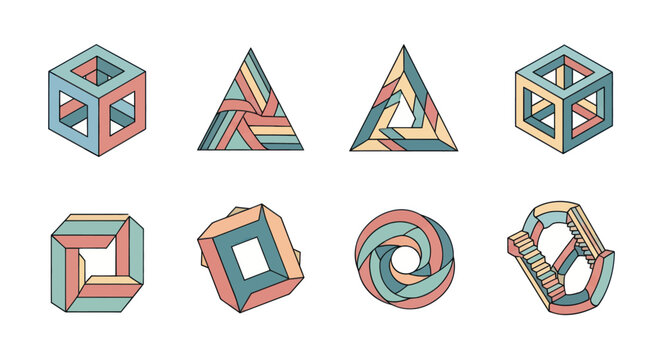 Collection of colorful impossible geometric shapes and optical illusions including Penrose triangle, cube, and endless stairs ideal for design and educational use