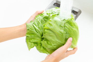 レタスを洗う手元