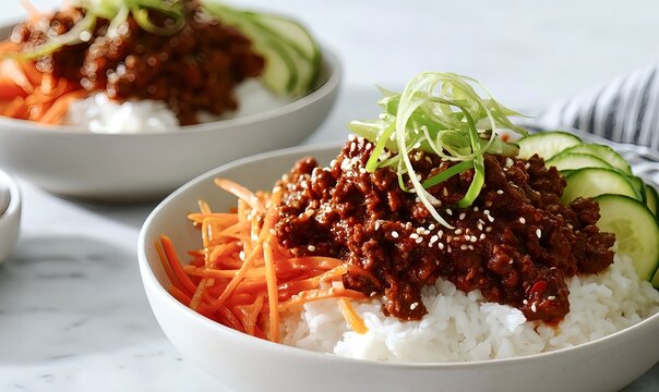 Sticky sweet and spicy glazed ground beef bowls presented over jasmine rice with cucumber rounds and shredded carrots in a clean modern kitchen setting