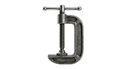 Metal clamp on transparent background, a tool for gripping objects firmly in place.