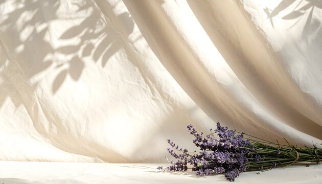 A bouquet of lavender rests against a softly draped fabric with gentle leaf shadows