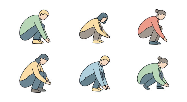 Set of diverse people squatting in casual clothing isolated on white background, vector illustration for lifestyle or activity concept
