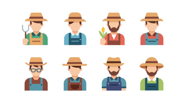 Set of farmer avatars wearing straw hats and overalls with farming tools and flowers, agriculture icons, perfect for farming and gardening design projects