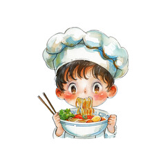 chef eat ramen hand drawn vector illustration