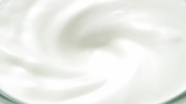 Ultra realistic macro video of ayran yogurt drink swirl slow rotating camera with smooth texture focus