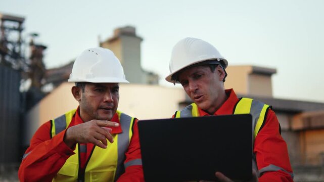 Two male industrial engineers, wearing helmets and using laptops, are discussing collaboration on a new project. The engineering team is inspecting a gas separation plant using their laptops.