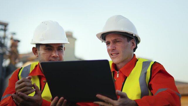 Two male industrial engineers, wearing helmets and using laptops, are discussing collaboration on a new project. The engineering team is inspecting a gas separation plant using their laptops.