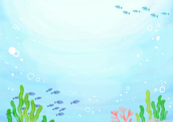 Cute underwater coral reef background with fish, watercolor ocean illustration